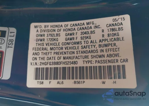 2015 Honda Civic Ex z USA, uszkodzony, nr VIN 2HGFG3B80FH525480